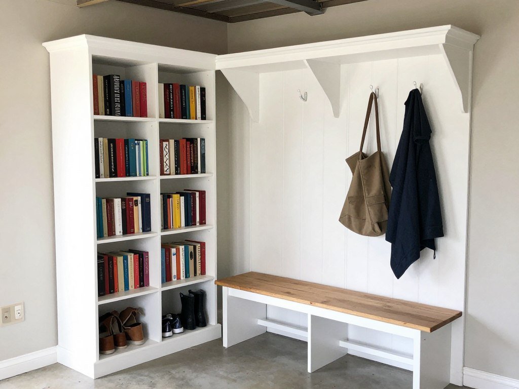 DIY garage mudroom created with repurposed furniture and simple organization