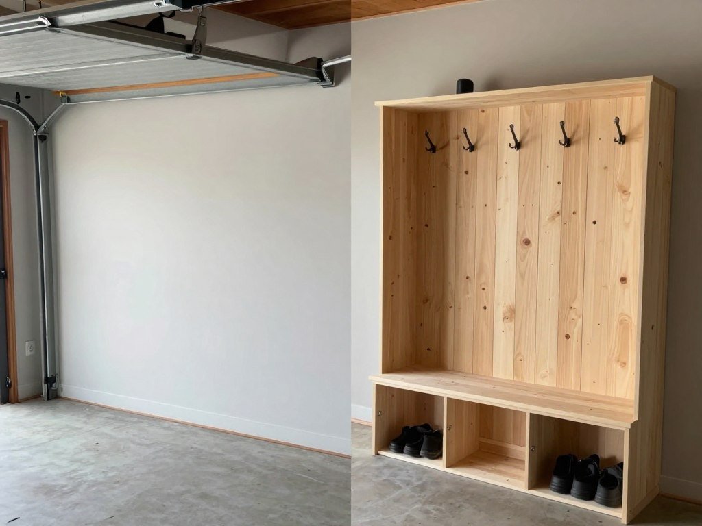 DIY garage mudroom project showing before and after transformation