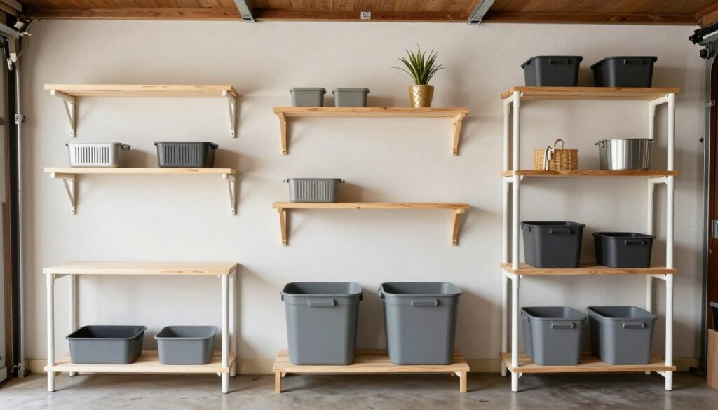 DIY garage organization projects including wooden shelving and PVC pipe storage