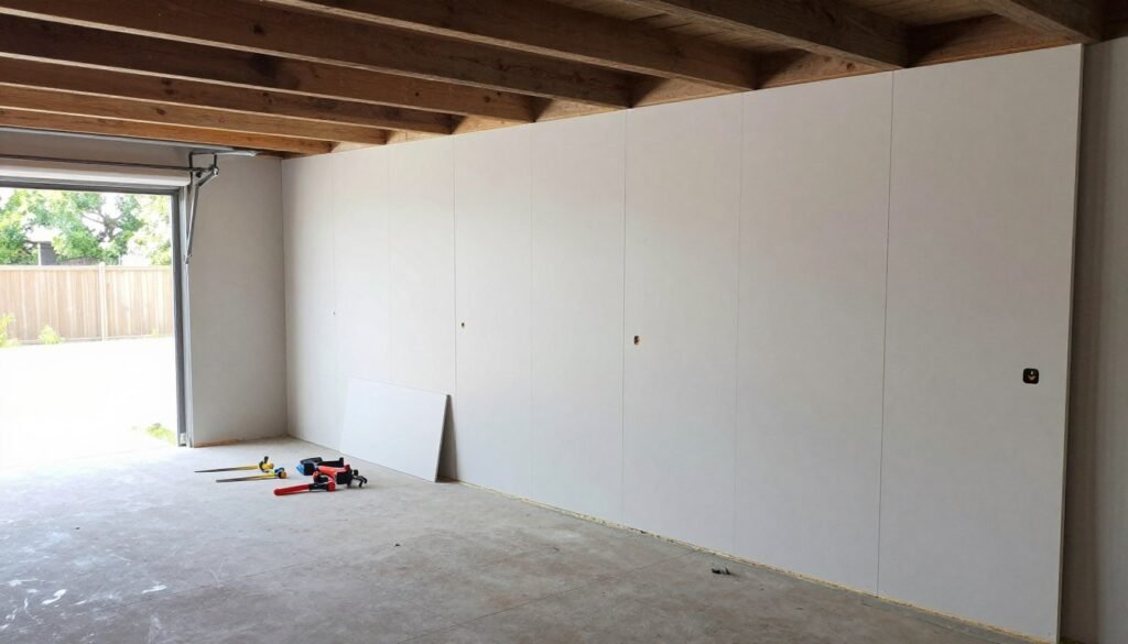 DIY garage renovation in progress with homeowner working DIY garage renovation in progress with homeowner working