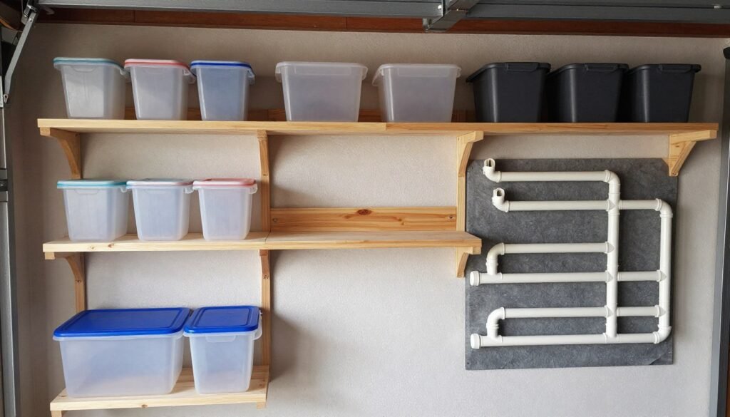 DIY garage storage solutions including repurposed containers and homemade shelving