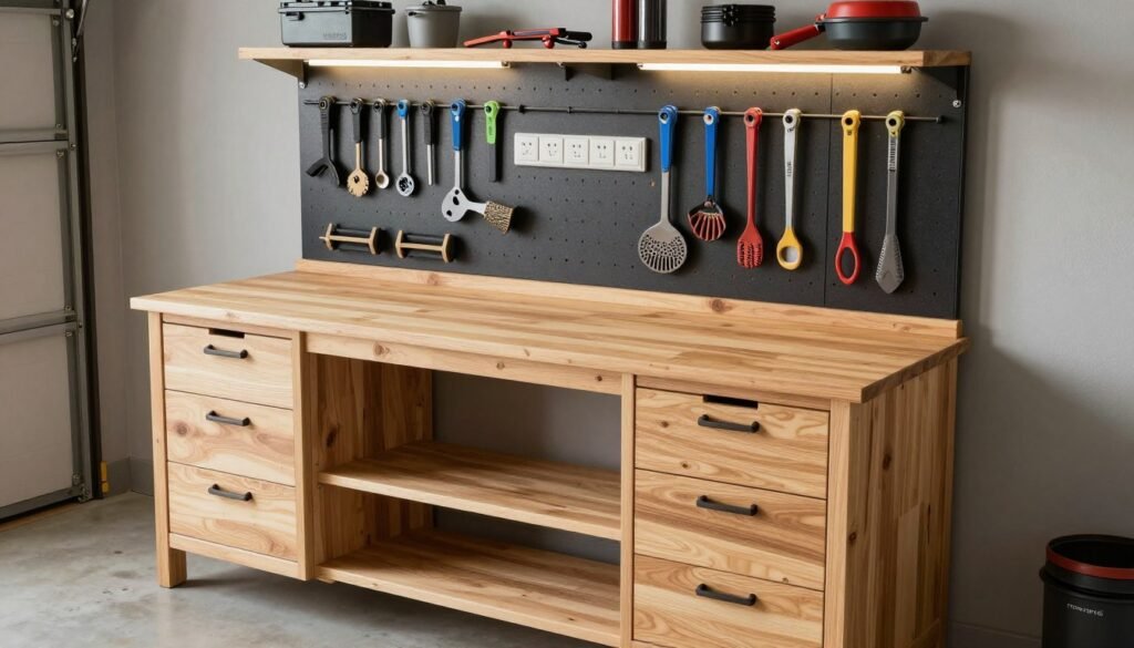 DIY garage workbench with integrated storage drawers, shelves, and pegboard tool organization above