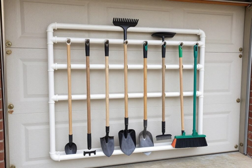 DIY garden tool organizer made from PVC pipe mounted on garage wall holding various long-handled garden tools
