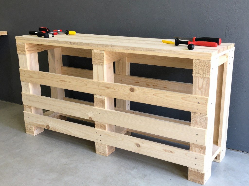 DIY pallet bar being constructed for a garage man cave