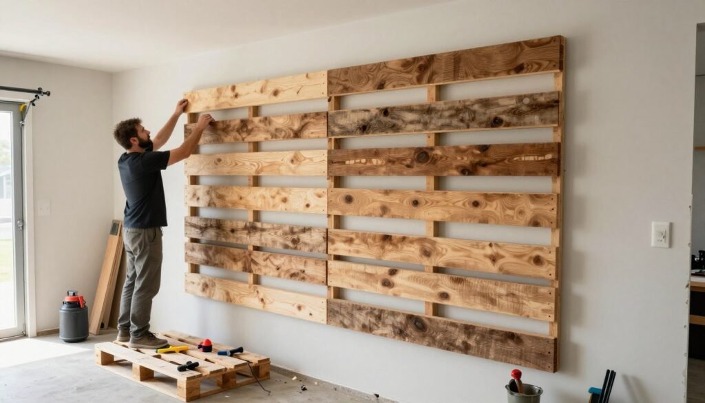 DIY pallet wall being installed in a man cave garage