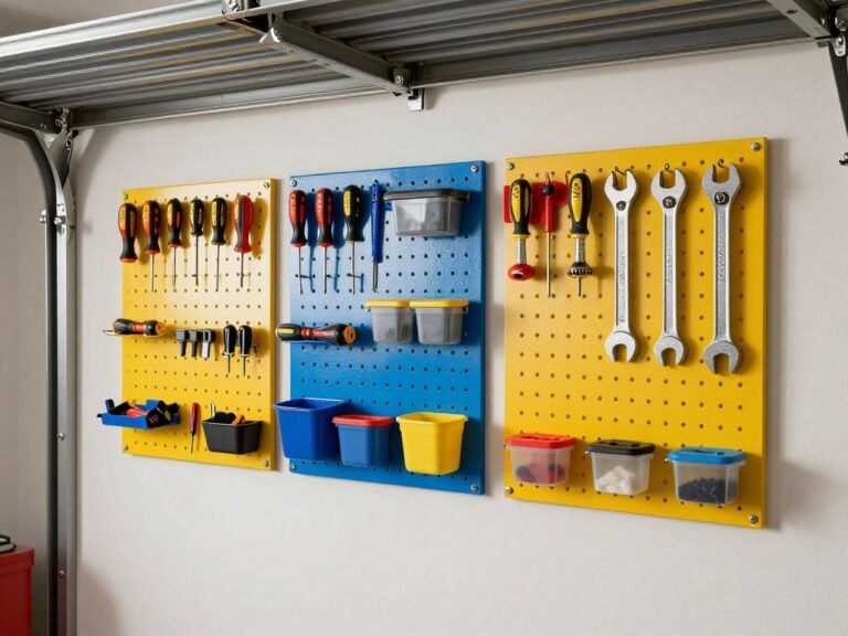 DIY pegboard tool organization system with colorful pegboard panels mounted on garage wall, holding various tools and supplies in an organized manner