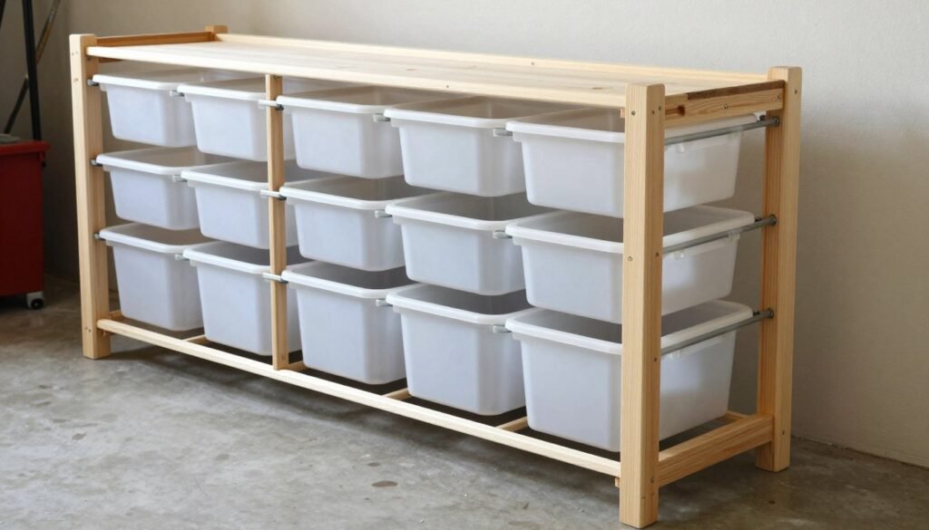DIY sliding bin storage rack with plastic bins that pull out like drawers for easy access