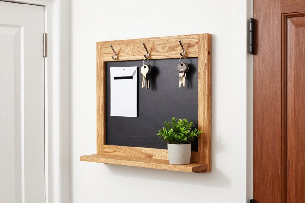 DIY wall-mounted organizer with key hooks, mail slot and small shelf