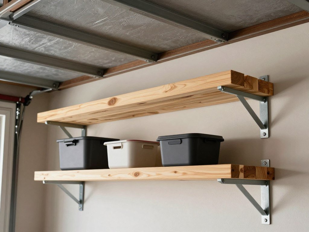 DIY wood shelves with heavy-duty brackets holding garage storage items DIY wood shelves with heavy-duty brackets holding garage storage items