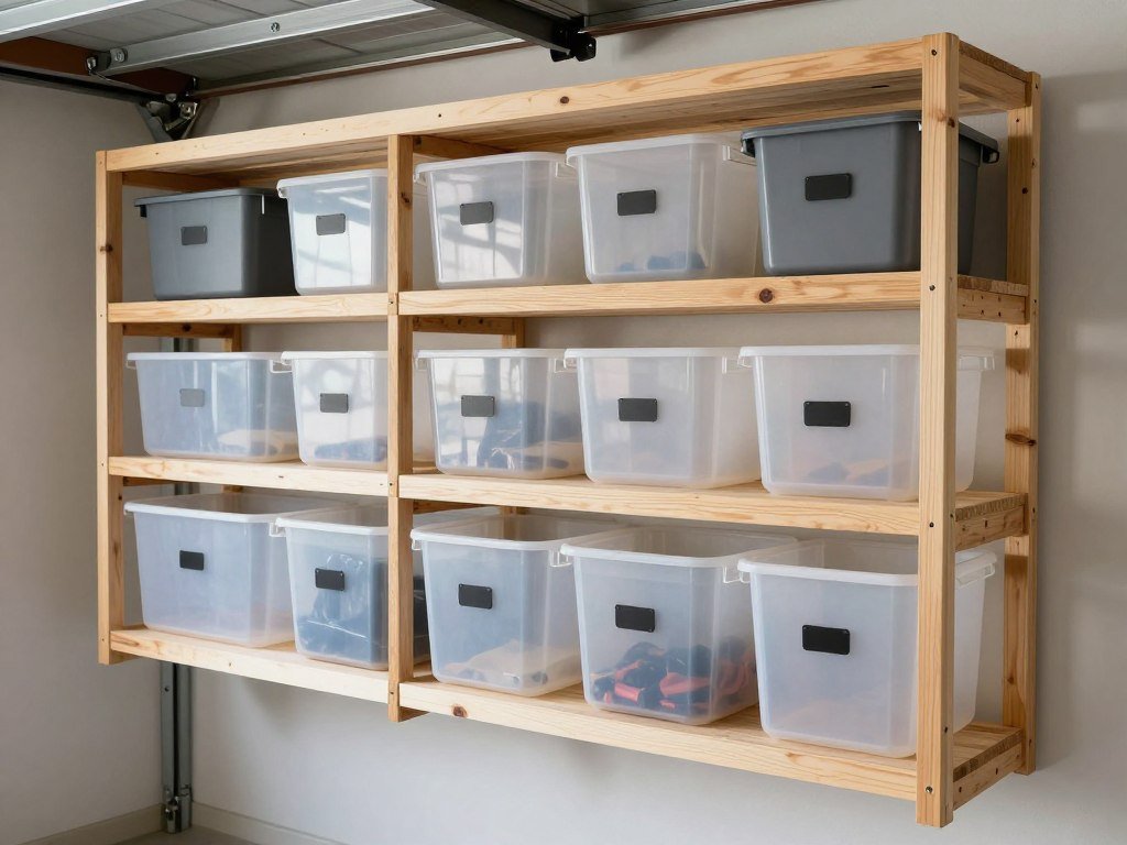 DIY wooden garage shelves with labeled bins and organized tools
