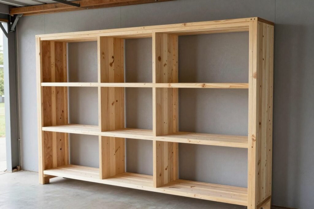 DIY wooden garage shelving unit built from 2x4s and plywood