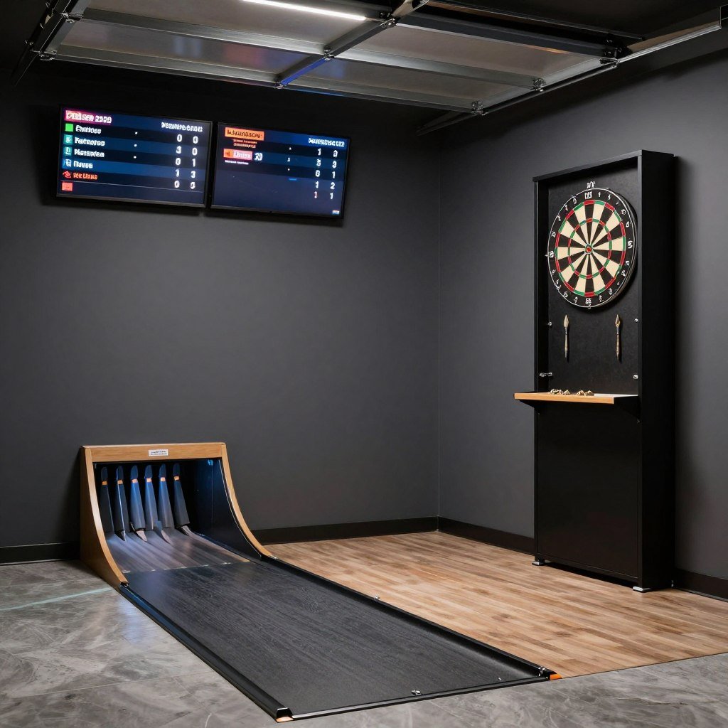 Dartboard setup in corner of garage bar