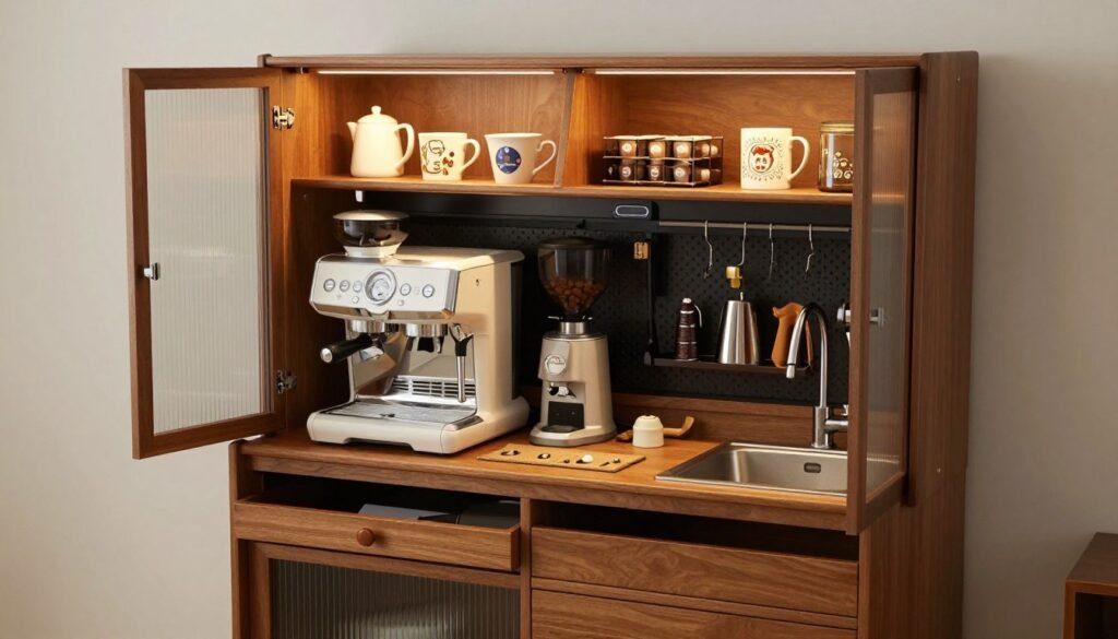 Dedicated coffee station appliance garage with coffee maker and accessories