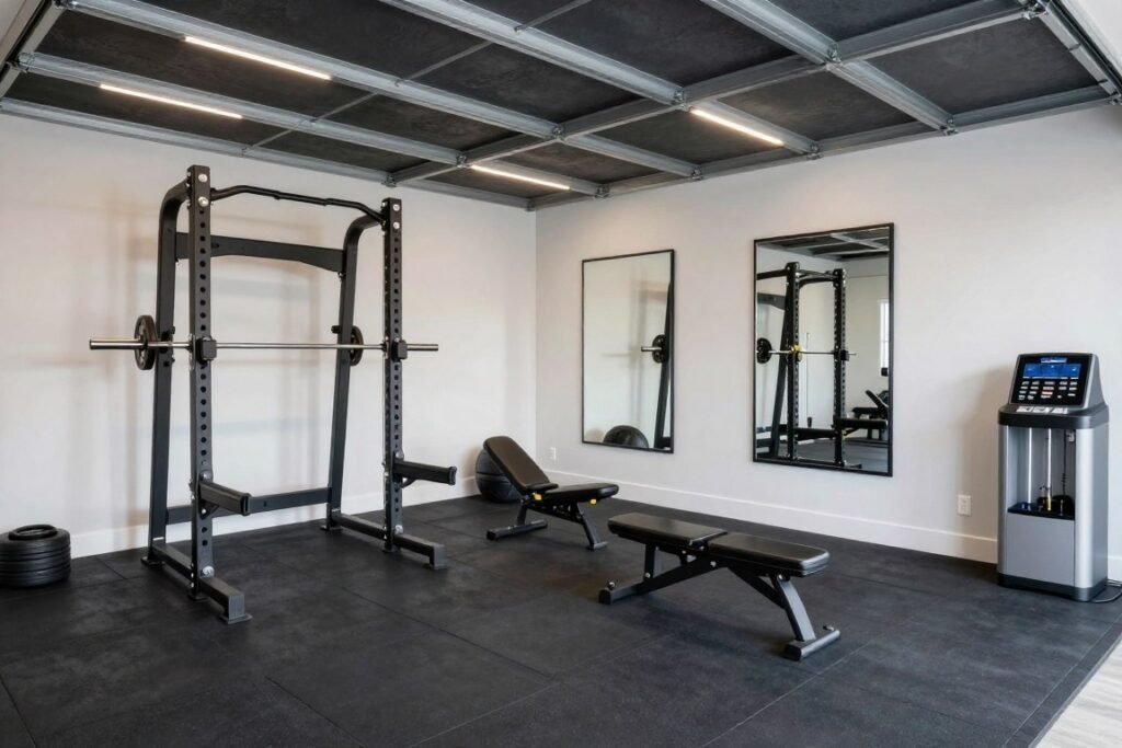 Detached garage converted to home gym with equipment
