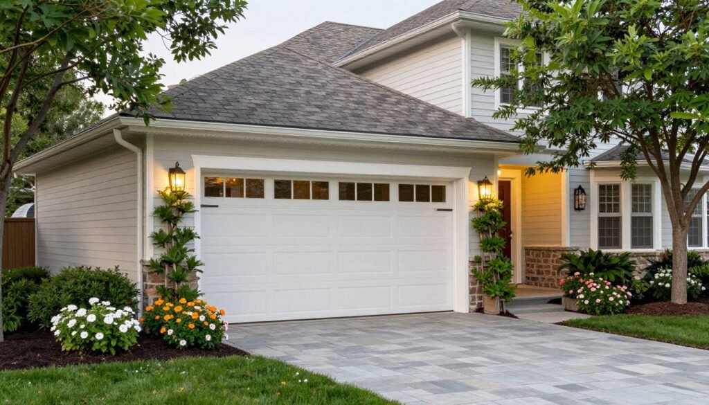 Detached garage with professional landscaping and pathway