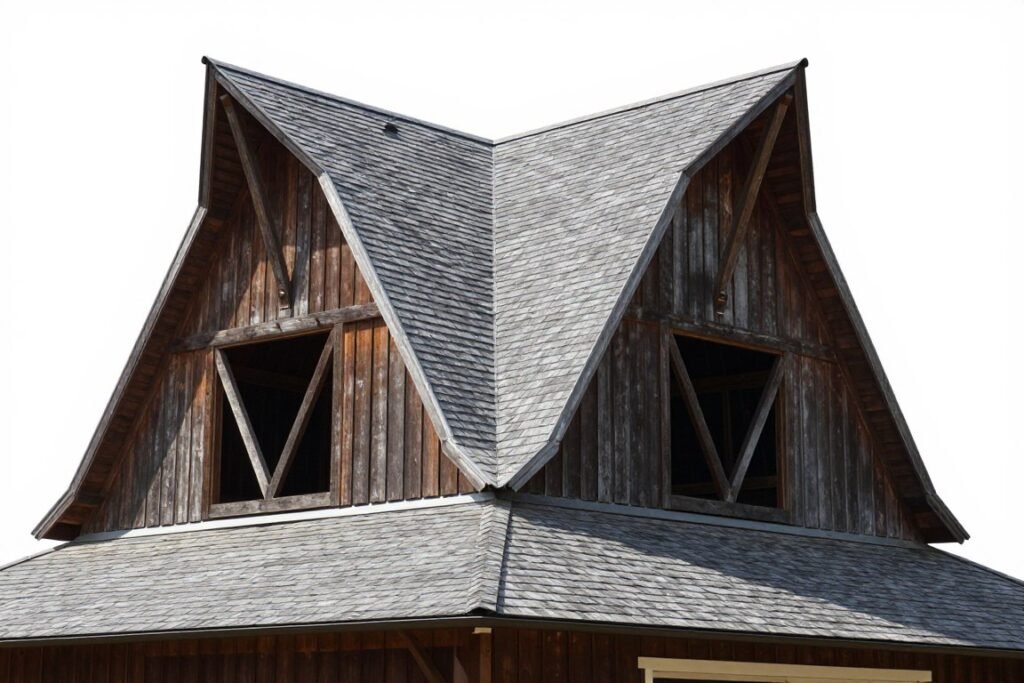 Detailed view of a barn style garage showing gambrel roof structure and proportions Detailed view of a barn style garage showing gambrel roof structure and proportions
