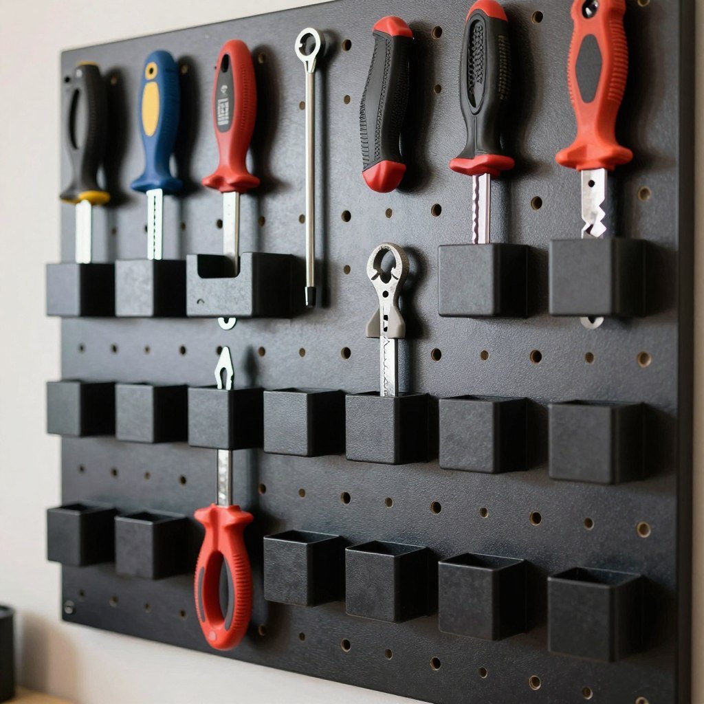 Detailed view of a well-organized pegboard tool storage system Detailed view of a well-organized pegboard tool storage system