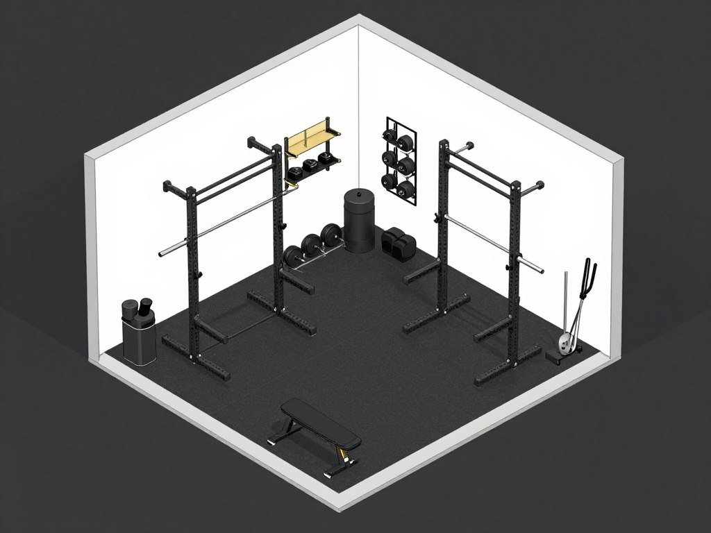 Diagram of a small garage gym layout with measurements and equipment placement