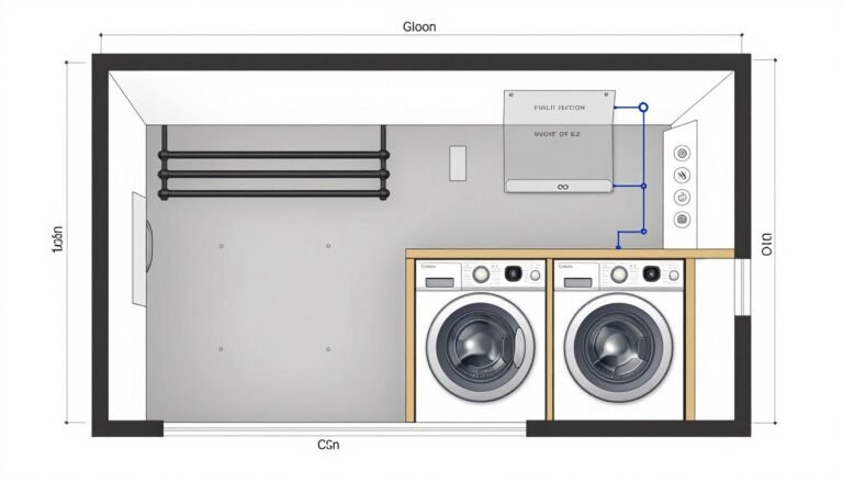 Diagram showing layout options for a garage laundry area with measurements and utility placement