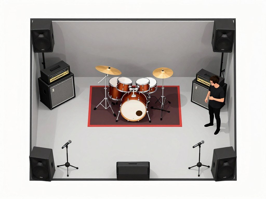Diagram showing optimal arrangement of instruments and equipment in a garage band space
