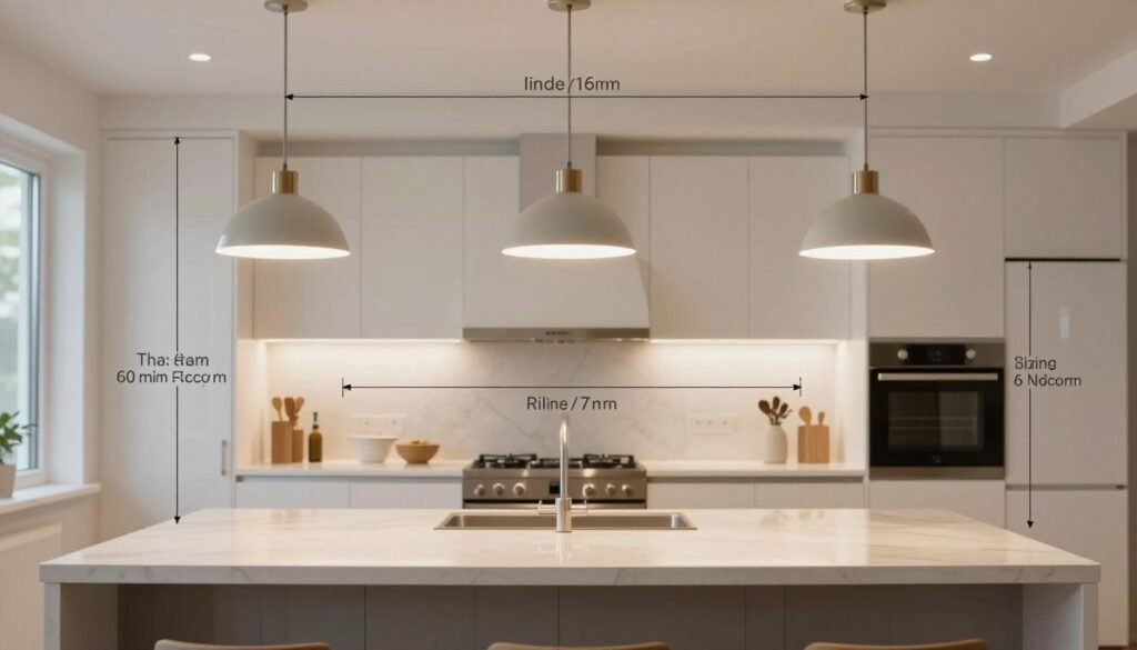 Diagram showing proper sizing proportions for kitchen island lighting