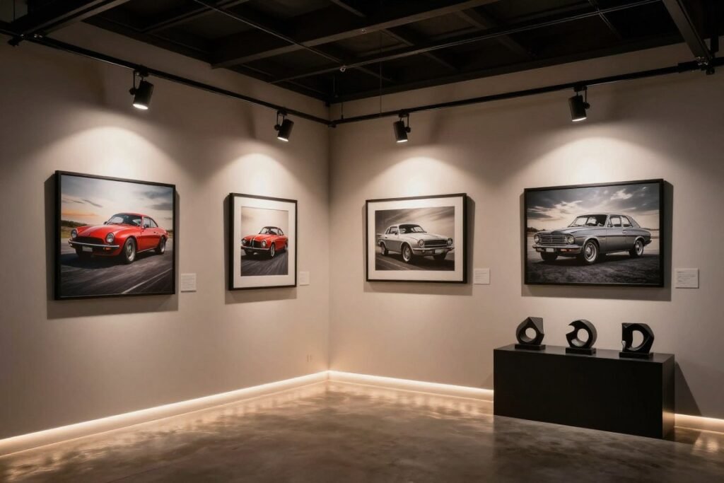 Different lighting techniques highlighting garage art collections effectively Different lighting techniques highlighting garage art collections effectively