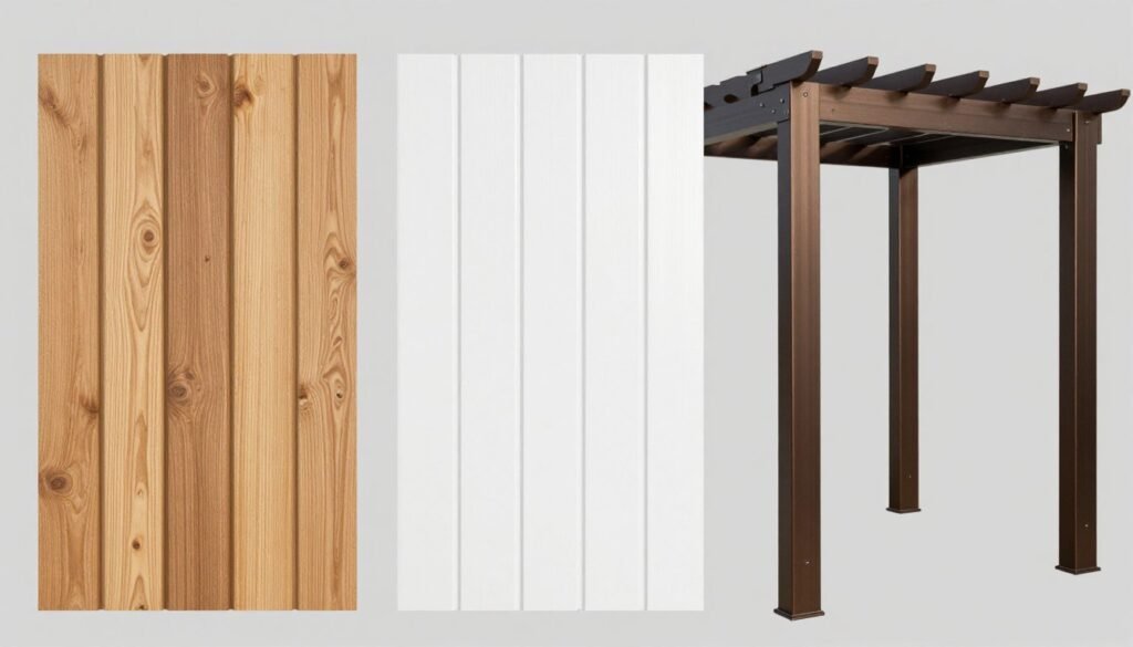 Different pergola materials displayed side by side showing wood, vinyl, and aluminum options for garage pergolas