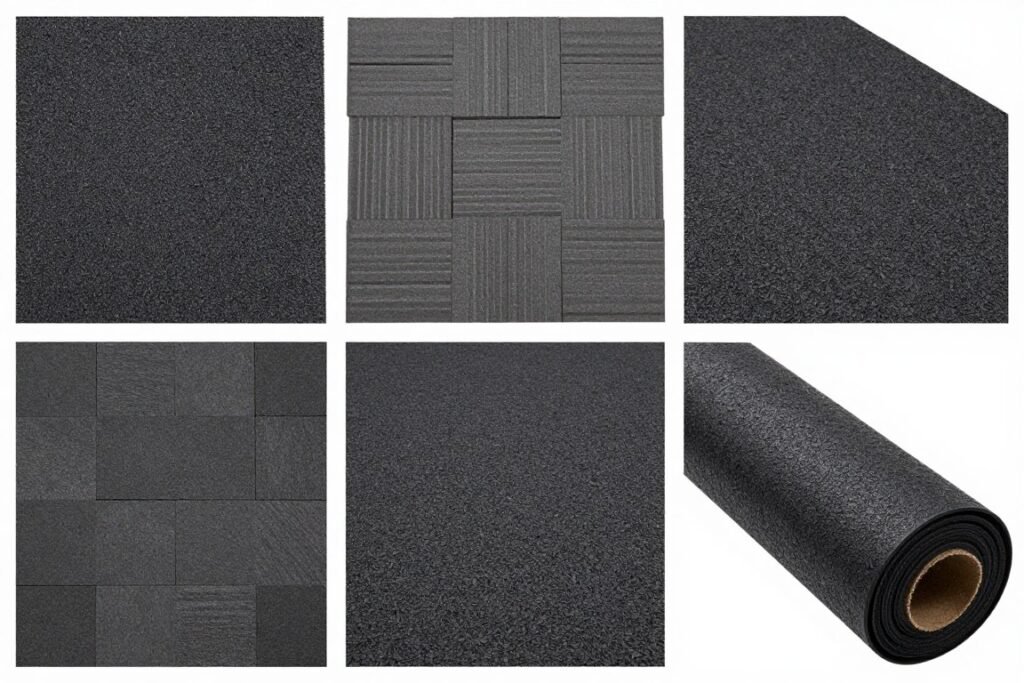 Different types of garage gym flooring options including rubber mats and interlocking tiles