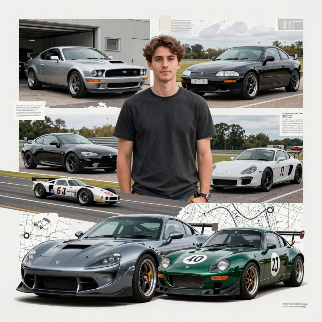 Digital collage artwork combining owner's vehicles with racing imagery Digital collage artwork combining owner's vehicles with racing imagery