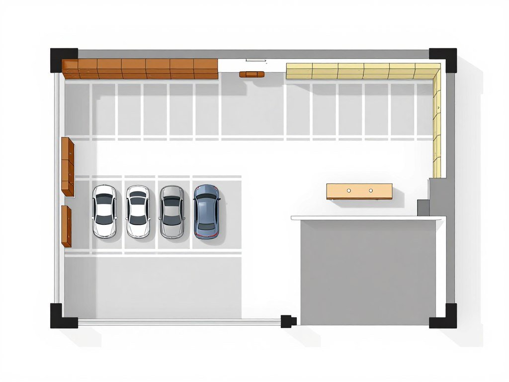 Digital floor plan of garage layout showing different functional zones