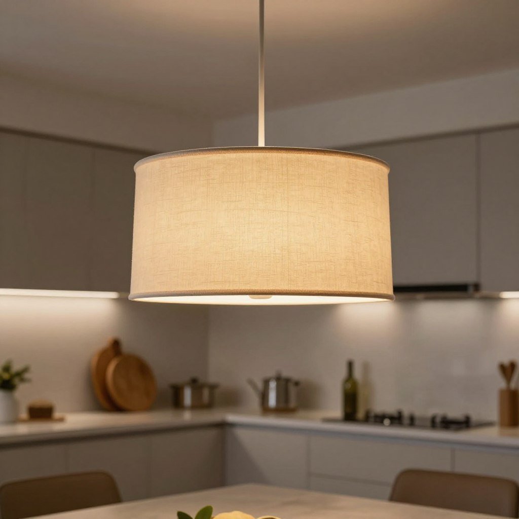 Drum pendant light with fabric shade over kitchen table Drum pendant light with fabric shade over kitchen table