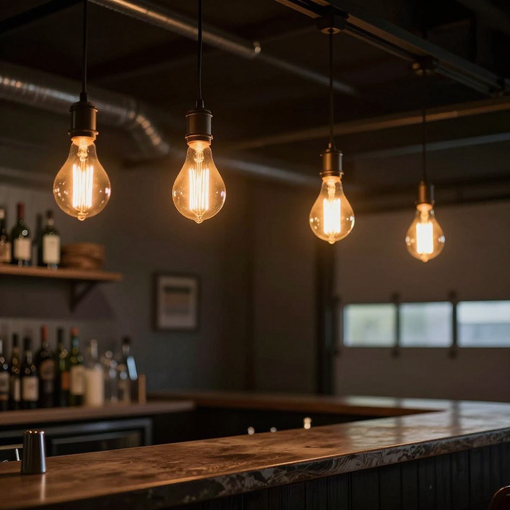 Edison bulb pendant lights over bar