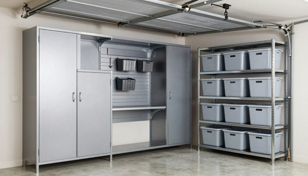 Efficient storage solutions in a man cave garage with cabinets, shelving, and wall-mounted systems