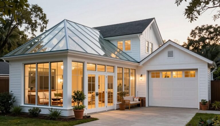 Elegant glass-enclosed breezeway connecting a white farmhouse to a matching garage with potted plants and comfortable seating