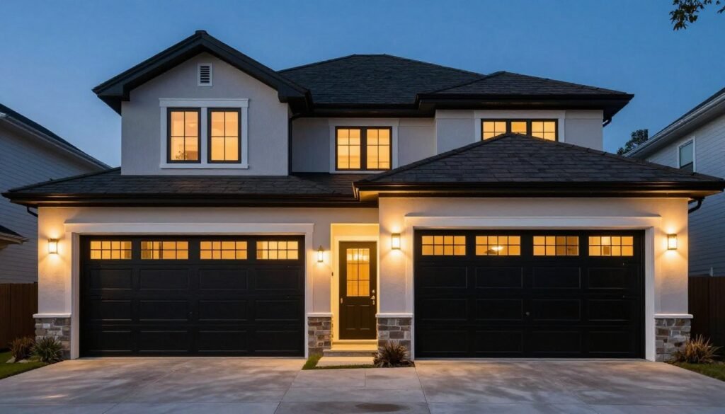 Elegant home exterior at dusk with illuminated black garage doors creating dramatic curb appeal