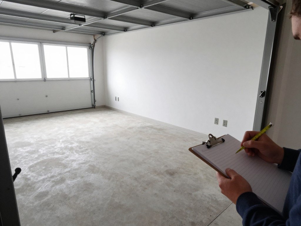 Empty garage being measured and assessed for art studio conversion