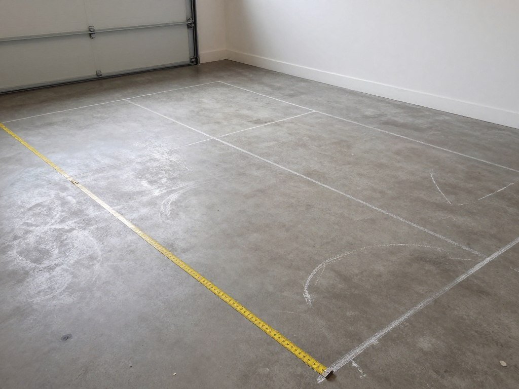 Empty garage space being measured and marked for a home gym layout