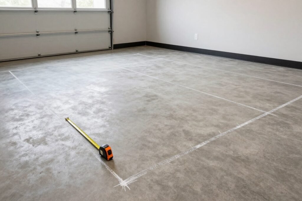 Empty garage space being measured and planned for gym conversion