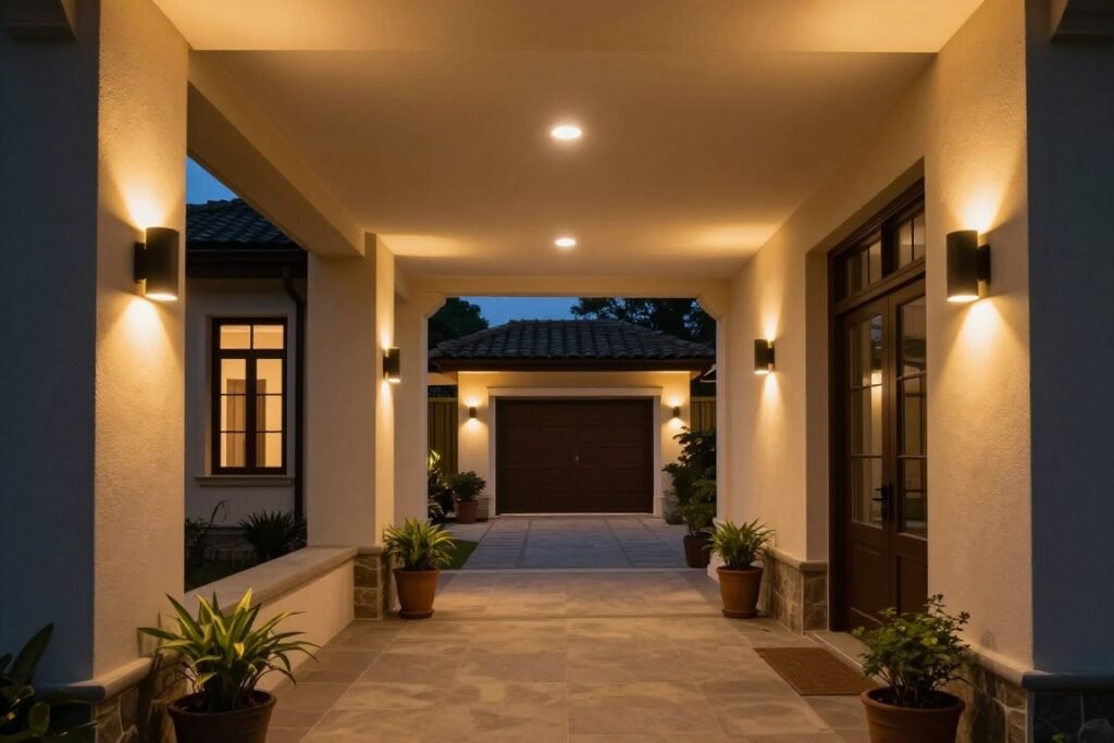 Enclosed breezeway at night with layered lighting creating a warm, inviting atmosphere Enclosed breezeway at night with layered lighting creating a warm, inviting atmosphere