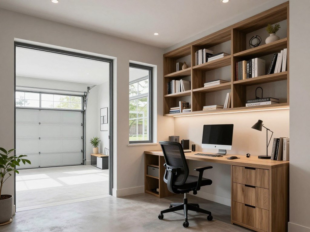 Enclosed breezeway converted into a bright home office with desk, comfortable chair, and storage Enclosed breezeway converted into a bright home office with desk, comfortable chair, and storage