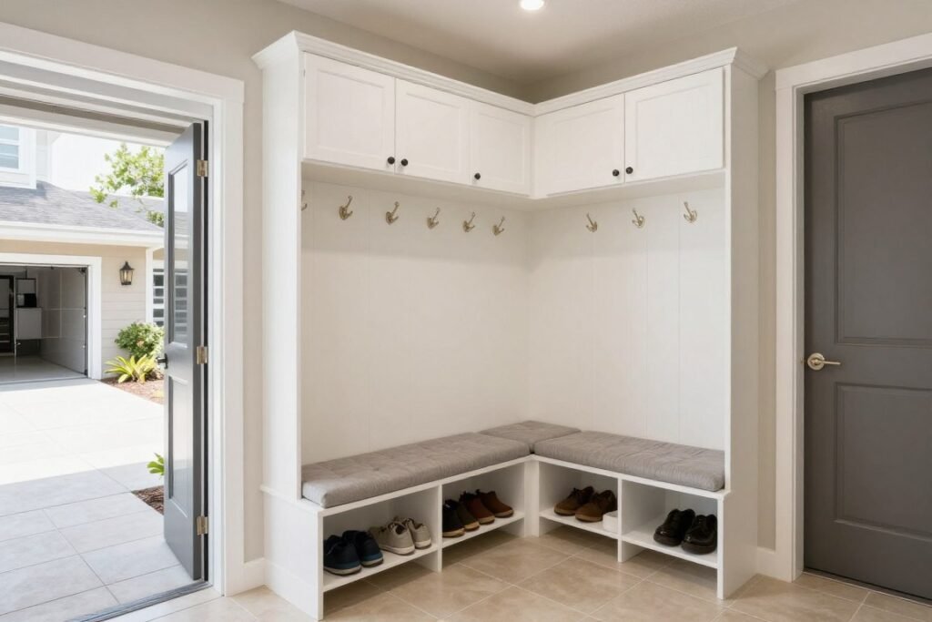 Enclosed breezeway designed as a mudroom with built-in storage and bench
