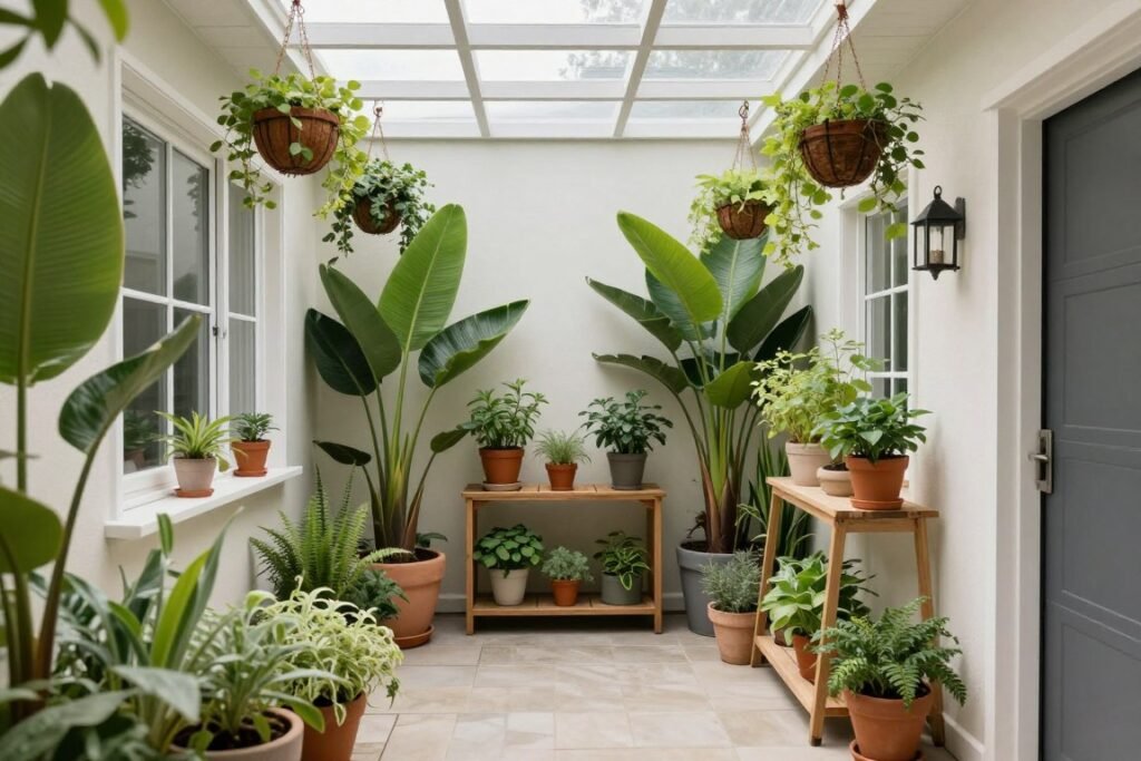 Enclosed breezeway filled with various plants including hanging baskets, floor plants, and small potted herbs Enclosed breezeway filled with various plants including hanging baskets, floor plants, and small potted herbs