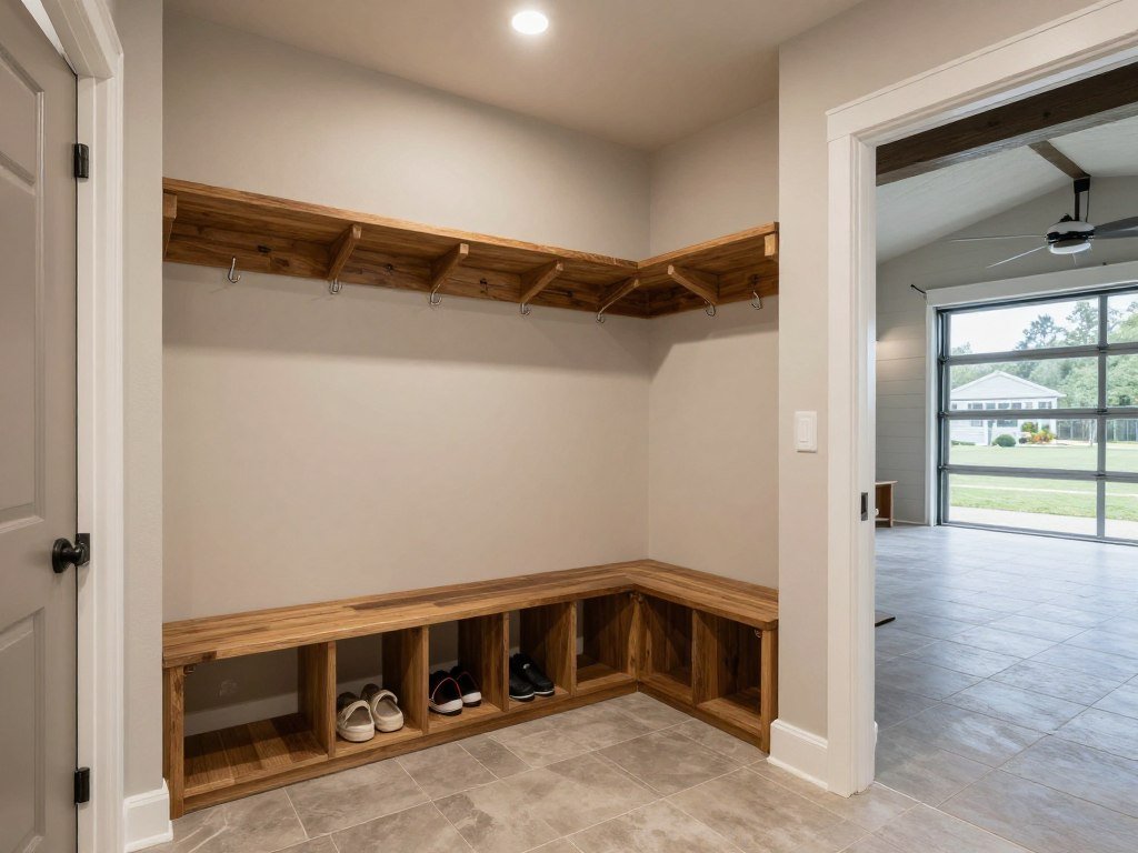 Enclosed breezeway functioning as a mudroom with storage benches, coat hooks, and shoe storage Enclosed breezeway functioning as a mudroom with storage benches, coat hooks, and shoe storage