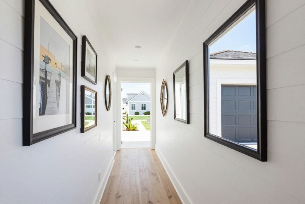 Enclosed breezeway with shiplap walls, framed artwork, and decorative mirrors Enclosed breezeway with shiplap walls, framed artwork, and decorative mirrors