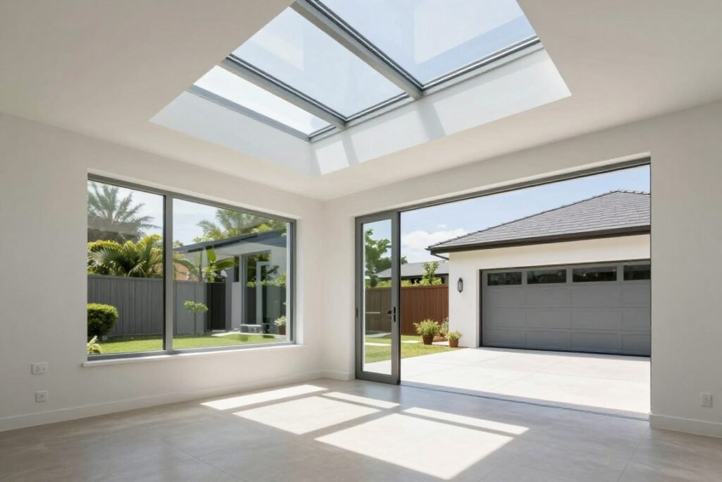 Enclosed breezeway with skylights and large windows maximizing natural daylight Enclosed breezeway with skylights and large windows maximizing natural daylight