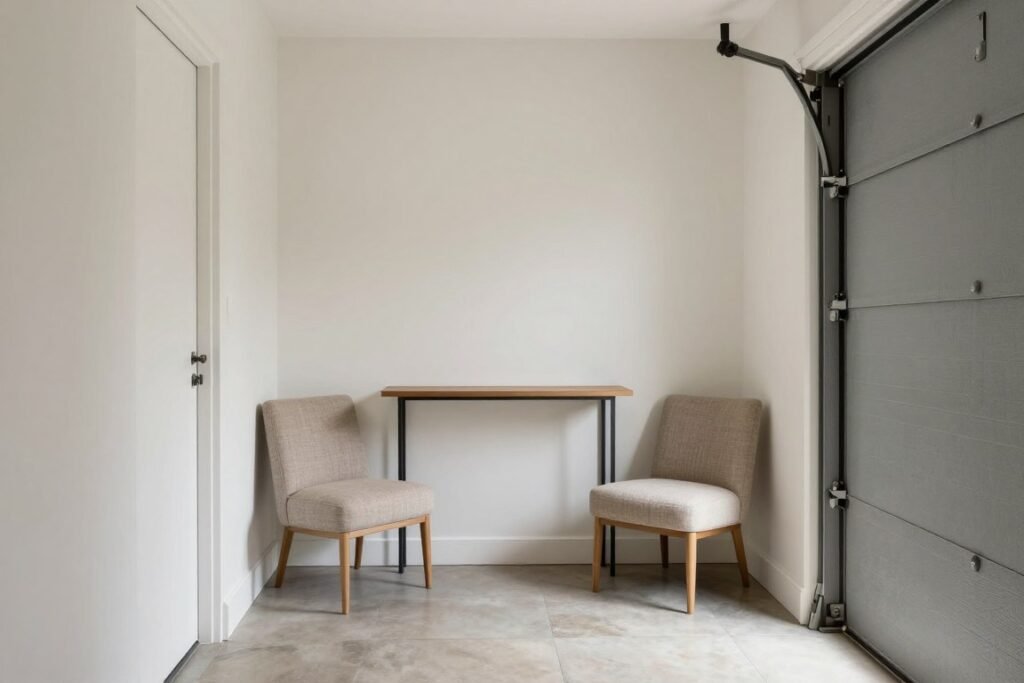 Enclosed breezeway with space-efficient furniture including a slim console table and comfortable chairs Enclosed breezeway with space-efficient furniture including a slim console table and comfortable chairs