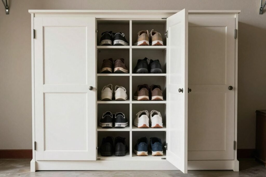 Enclosed shoe storage cabinet in garage with doors partially open showing organized footwear