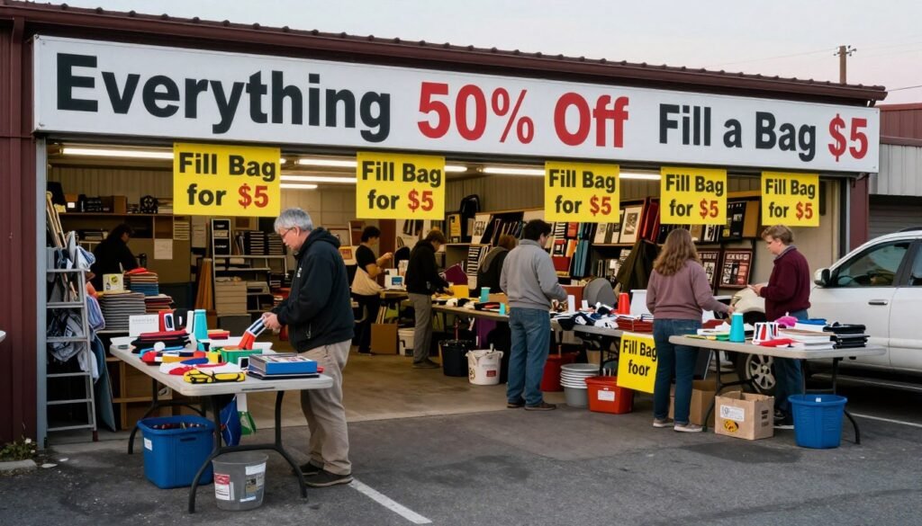 End of garage sale with discount signs and fewer items