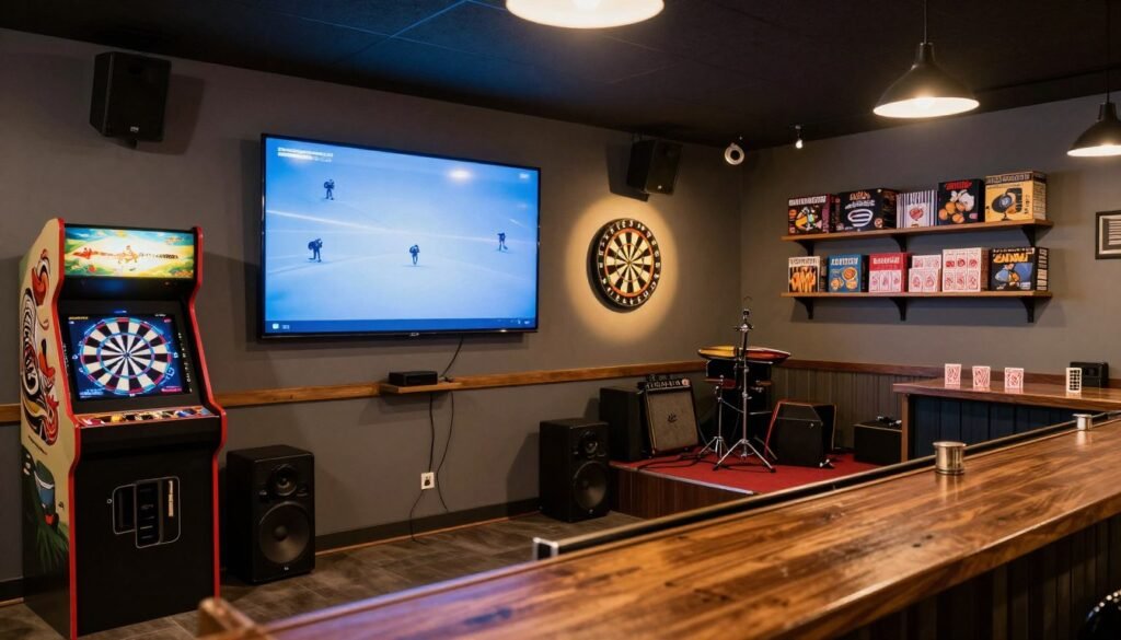 Entertainment options in a garage bar including games, TV, and music system