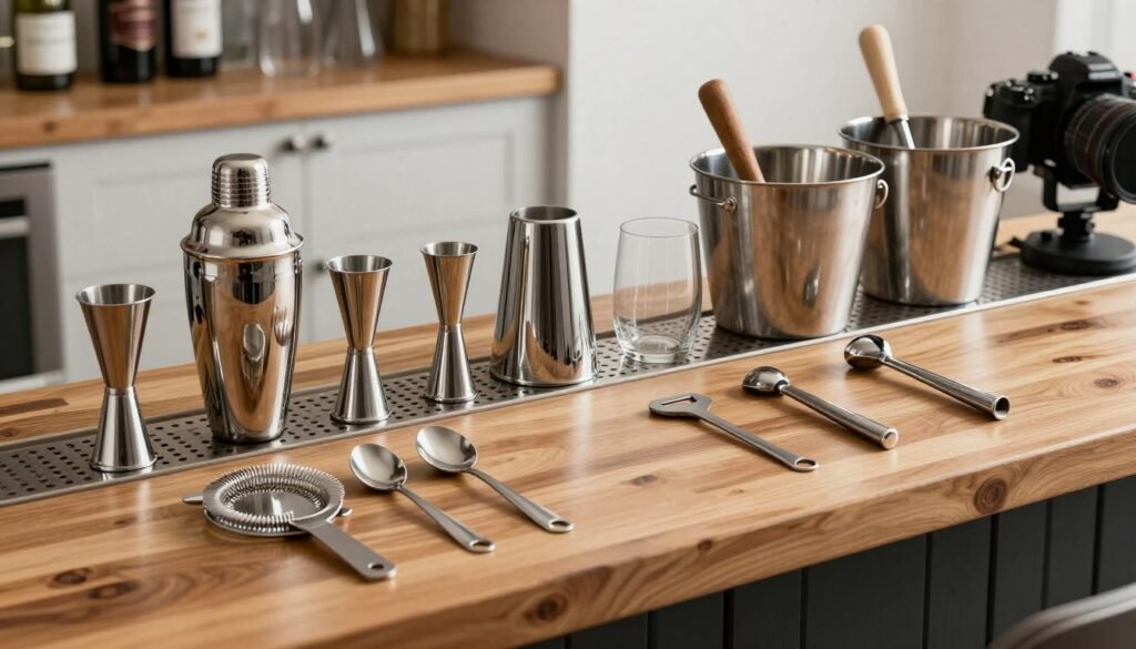 Essential bar tools and accessories arranged on bar counter